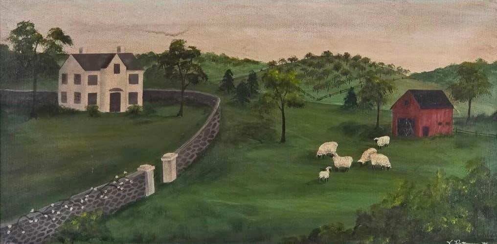 V. PATTERSON SIGNED AMERICAN FOLK ART OIL ON CANVAS "FARM SCENE WITH SHEEP" (1 of 11)