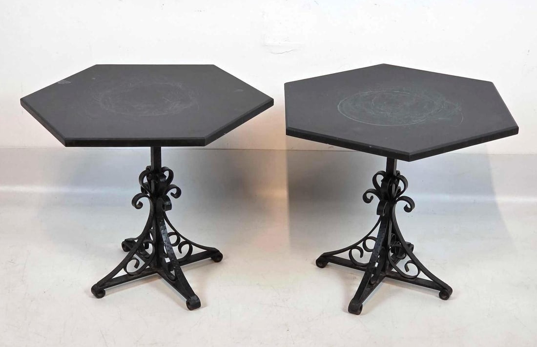 PAIR OF HEXAGONAL SLATE TOP WROUGHT IRON TABLES (1 of 12)