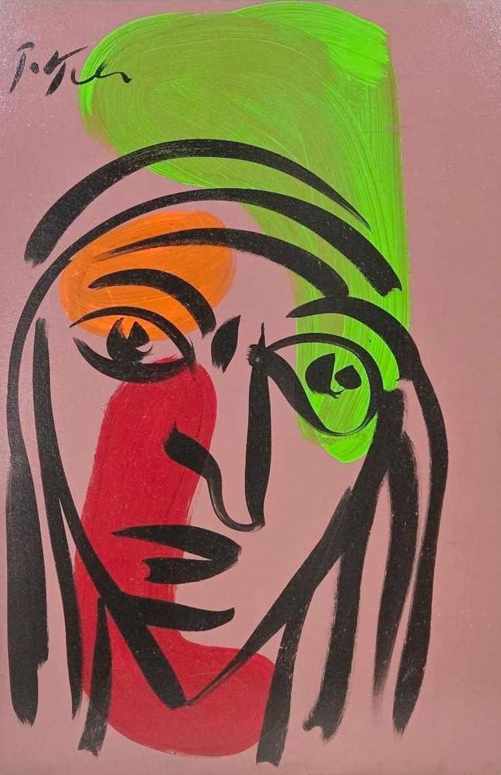 PETER ROBERT KEIL LARGE ORIGINAL ABSTRACT PORTRAIT PAINTING: **Modernist face composition with bold black calligraphic lines and vibrant color blocks. Approximate Dimensions: 48" x 32" Artist or Maker: Peter Robert Kiel Provenance: From a New York Collector Not