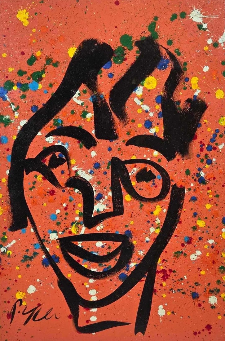 PETER ROBERT KEIL LARGE ORIGINAL ABSTRACT PORTRAIT PAINTING: **Modernist face composition with bold black calligraphic lines and vibrant color blocks. Approximate Dimensions: 48" x 32" Artist or Maker: Peter Robert Kiel Provenance: From a New York Colle