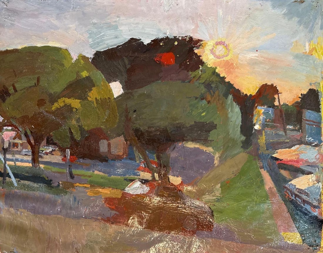 STANLEY LEWIS (AMERICAN, B. 1941) SIGNED ORIGINAL OIL ON PAPER LANDSCAPE PAINTING: Significant plein-air suburban streetscape depicting a dramatic sunset with heavy impasto and textural layering typical of the artist’s "built" compositional style. This was examined out of