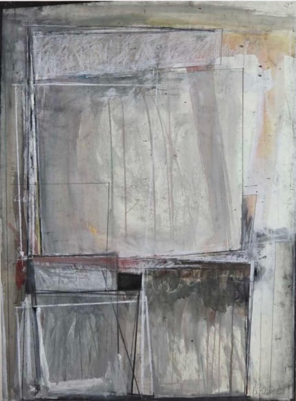 SIGNED CONTEMPORARY ABSTRACT MIXED MEDIA WHITE GEOMETRICS ON PAPER: Modern minimalist composition featuring textured linear forms and geometric layering in monochromatic tones under glass. Approximate Dimensions: 36" x 28" overall Artist or Maker: Unknown P