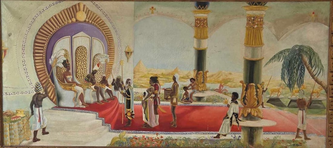 SUPERSIZED VINTAGE CAPRICCIO STYLE PANORAMIC OIL ON CANVAS "THE GARDEN OF OSIRIS" SIGNED F. SAPP: Landscape scene of Ancient Egyptian or Kushite Royal Court set in a lush garden or open palace terrace with Egyptian architectural motifs overlooking a desert landscape with pyramids in the distance.