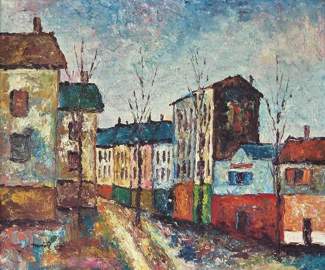 MID CENTURY SIGNED IMPASTO OIL ON CANVAS IMPRESSIONIST EUROPEAN STREET SCENE: A vibrant mid 20th century European street scene executed with heavy impasto and palette knife techniques in a gilt and linen-lined frame. Approximate Dimensions: 19.5" x 23.5"; Frame 27"
