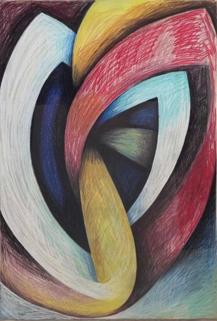 JONATHAN SANTLOFER SIGNED LARGE SCALE PASTEL ON PAPER "EDGE OF THE ECHO": Monumental contemporary abstract composition with architectural and organic elements in vibrant blue and ochre tones in a simple black frame by New York artist Jonathan Santlofer in 1984. Approximate