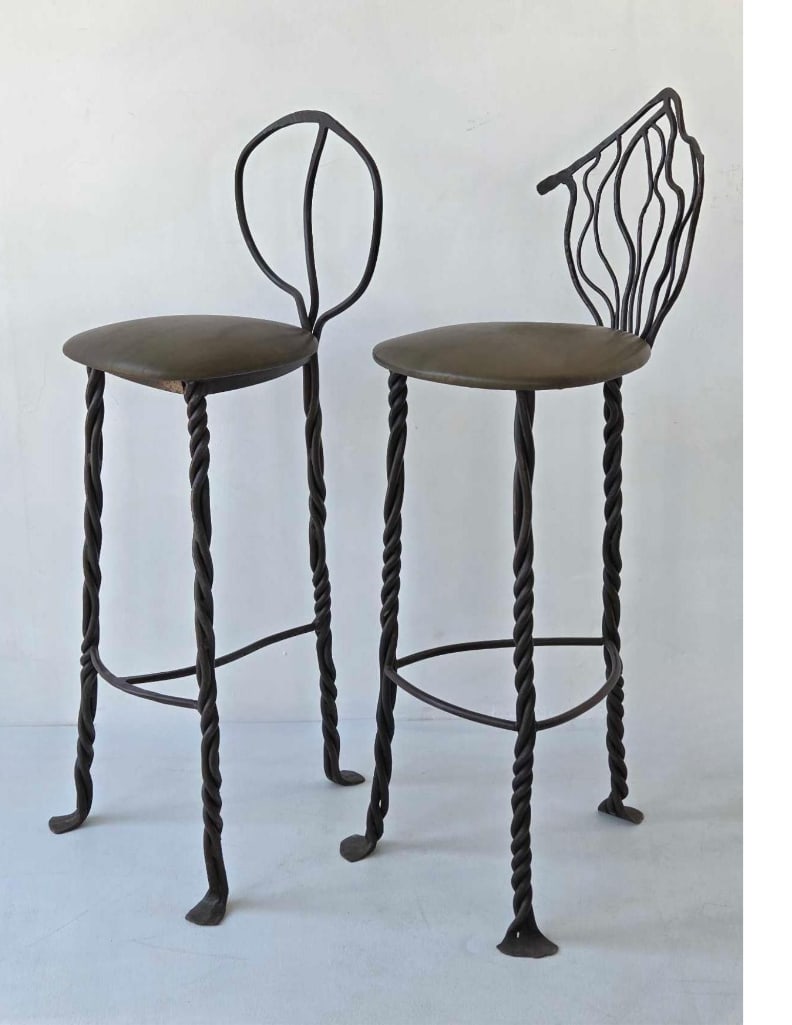 ROBERT FERRARONI HAND-WROUGHT TWISTED SCULPTURAL METAL BAR STOOLS, PAIR (1 of 13)