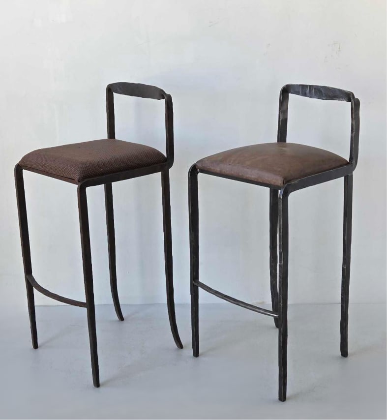 ROBERT FERRARONI HAND-FORGED PATINATED IRON BAR STOOLS, PAIR (1 of 13)