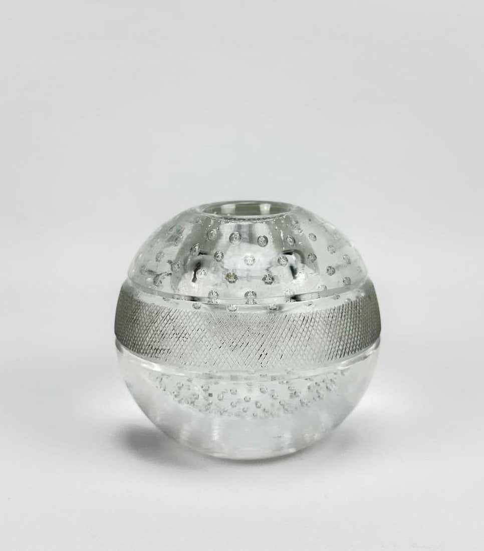 LARGE CONTROLLED BUBBLE GLASS MATCH STRIKER: Antique clear crystal spherical match striker with internal controlled bubble bullicante decoration. Approximate Dimensions: 3.25”h x 3.5”dia Artist or Maker: Unknown Prov