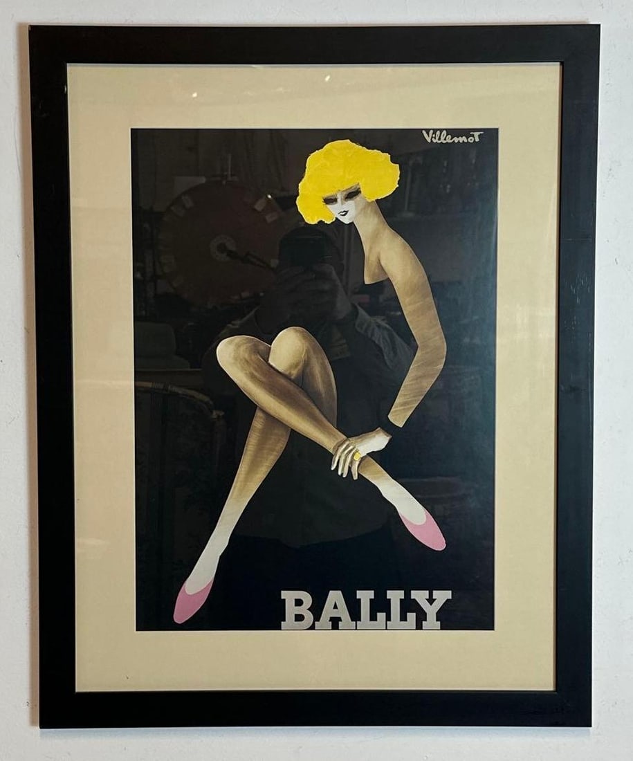 BERNARD VILLEMOT LITHOGRAPH ADVERTISING POSTER FOR BALLY: Vintage lithograph on paper depicting a stylized blonde woman in pink shoes set against a black ground. Approximate Dimensions: 23”x17”; Frame 32” x 25” Artist or Maker: Unknow