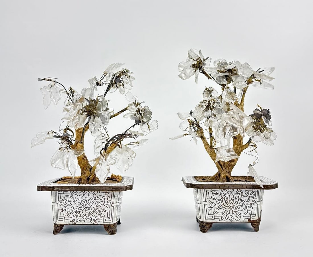 PAIR OF CHINESE CLOISONNÉ AND CARVED QUARTZ "BONSAI" GEM TREES (1 of 20)