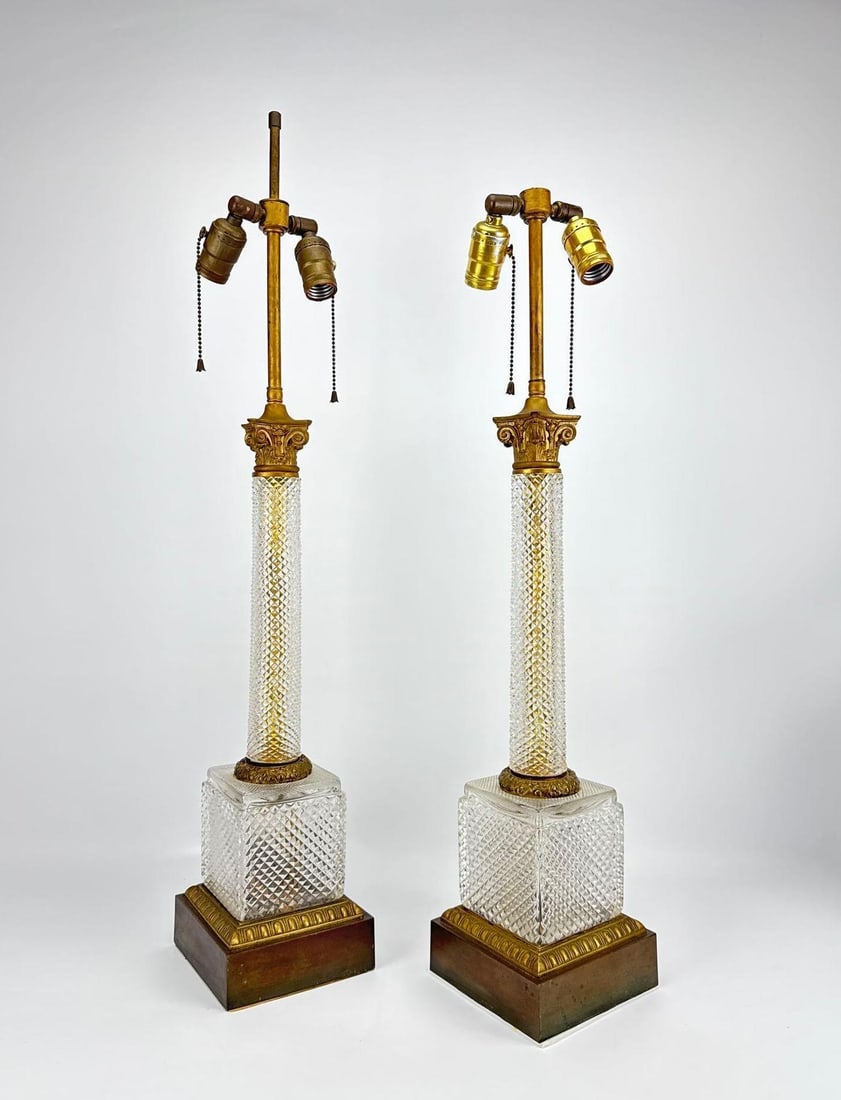PAIR OF BACCARAT STYLE DIAMOND-POINT CUT CRYSTAL COLUMN LAMPS - PAUL HANSON ATTR. (1 of 11)