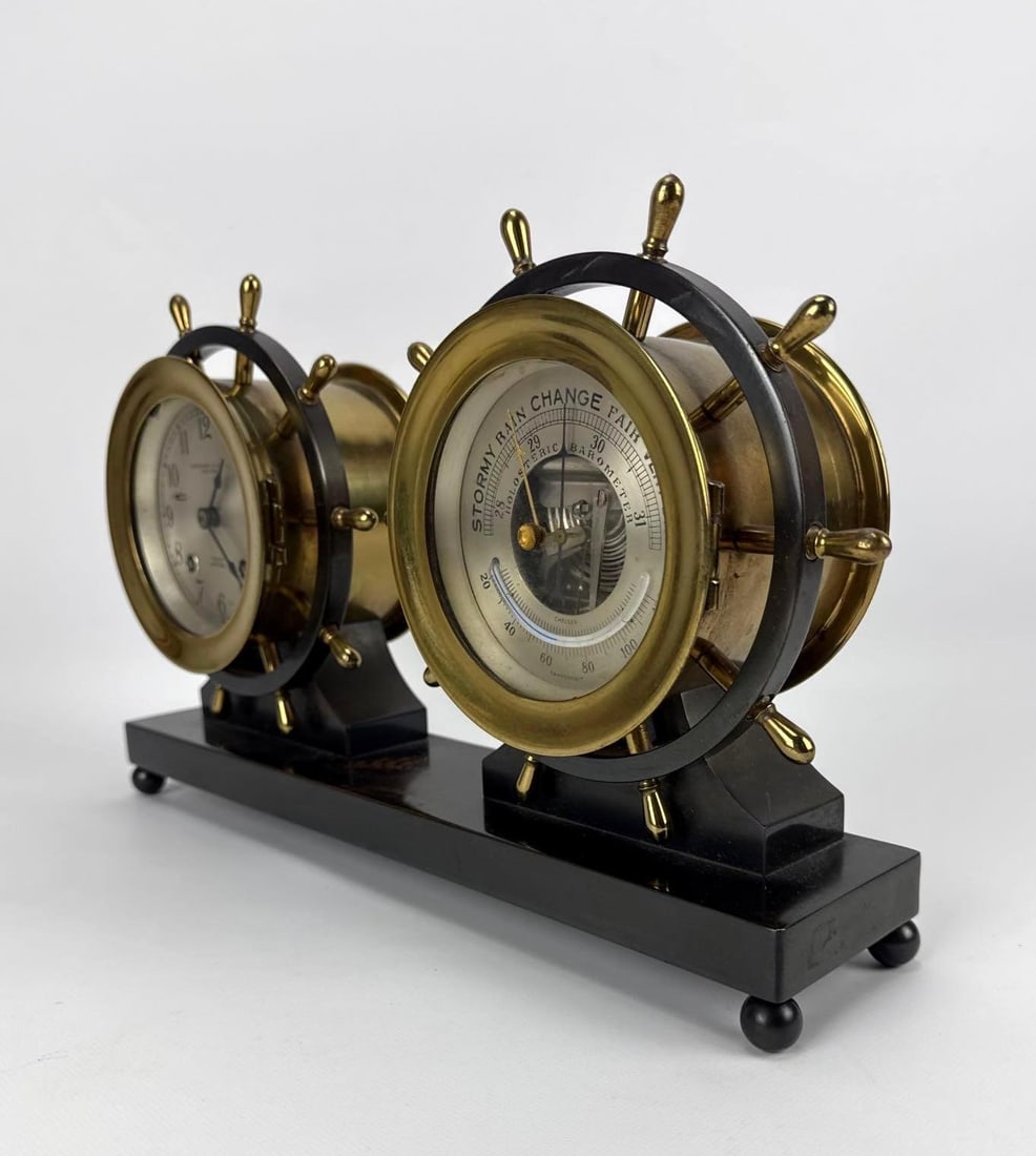 RARE ABERCROMBIE & FITCH CO. BRASS SHIP'S BELL CLOCK & BAROMETER DESK SET (1 of 15)