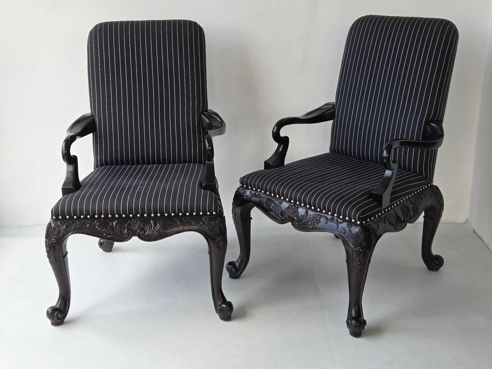 RALPH LAUREN PAIR OF BEL AIR ROCOCO CARVED WOOD BLACK LACQUER UPHOLSTERED ARM CHAIRS (3 of 3) (1 of 18)