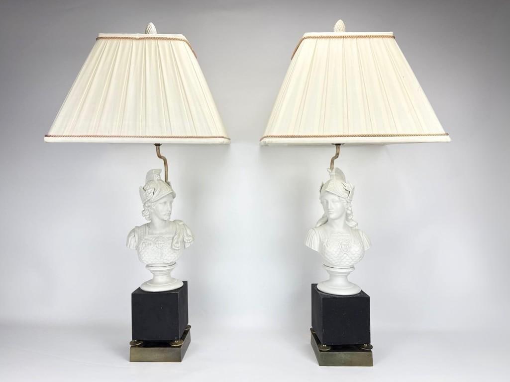 PAIR OF ITALIAN BISQUE PORCELAIN BUST LAMPS OF MARS AND MINERVA (1 of 20)