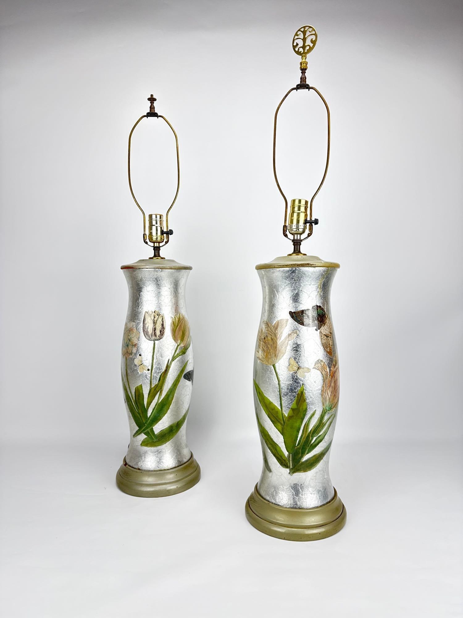 PAIR OF VINTAGE CUSTOM SILVER LEAF & BOTANICAL DECOUPAGE LAMPS (1 of 16)