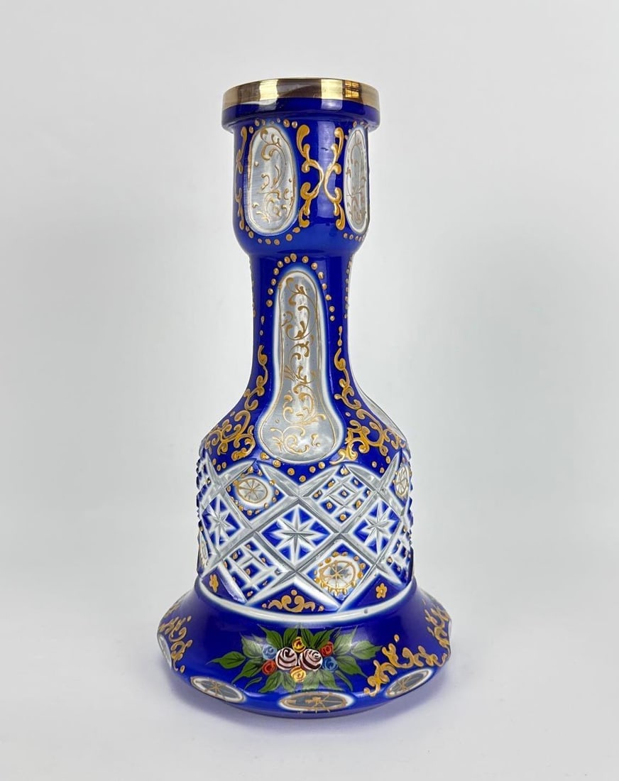 ANTIQUE BOHEMIAN COBALT BLUE OVERLAY HOOKAH BASE: A fine 19th or early 20th-century Bohemian (Czech) glass hookah base (shisha), crafted in rich cobalt blue glass with a cut-to-clear geometric lattice and starburst midsection. Approximate