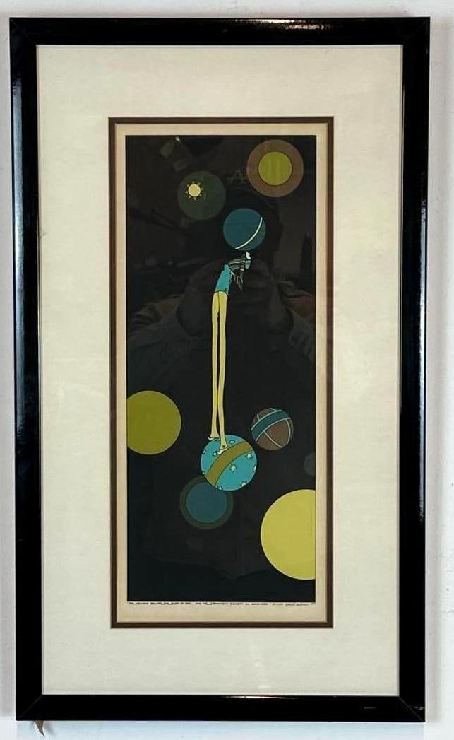 JOHN EASTMAN: "THE HEAVENS DECLARE..." SIGNED SERIGRAPH: Mid-century modern psychedelic serigraph on paper depicting a stylized figure among planets. Overall Approximate Dimensions: 26.75"L x 15.75"W Art Approximate Dimensions: 17.75"L x 7.25&#