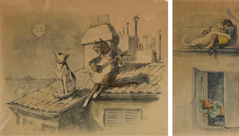 PAIR OF GUSTAV HOFFMAN SIGNED TINTED CAT ETCHINGS (1 of 14)