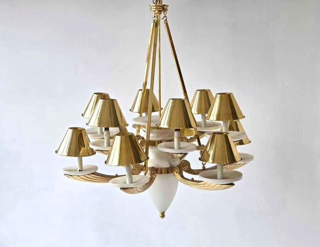 HOLLYWOOD REGENCY ALABASTER AND BRASS TWELVE LITE CHANDELIER HANS AGNE JAKOBSSON ATTR. (1 of 18)