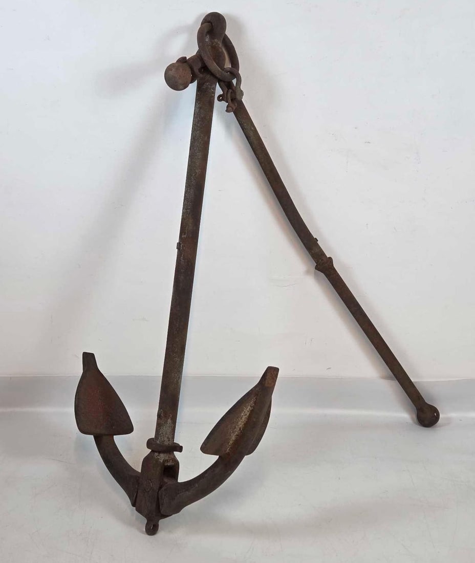 ANTIQUE FORGED IRON SHIP ANCHOR: Impressive 8-foot-long antique nautical kedge anchor featuring a hand-forged iron shank and traditional flared flukes Approximate Dimensions: 51"h x 26"w x 7.25"d 103" total length <