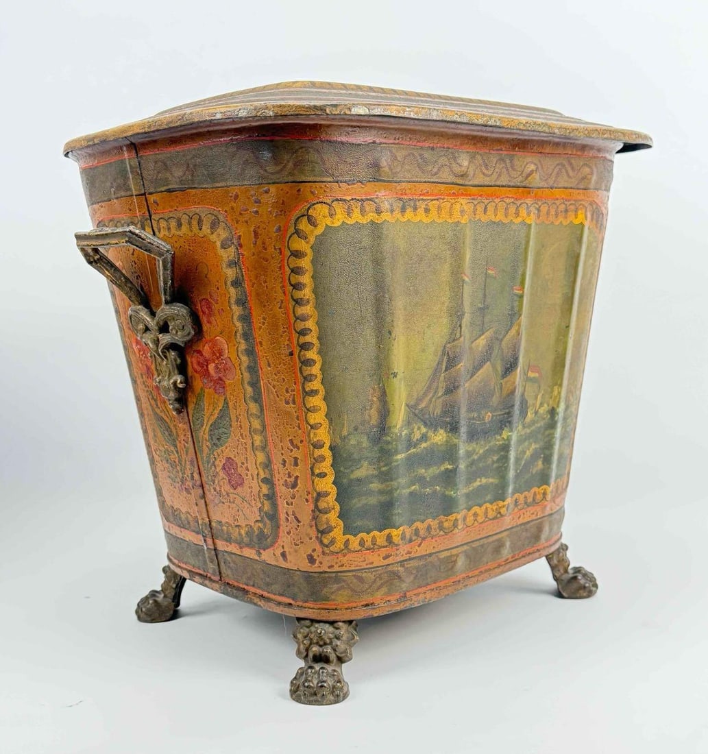 ENGLISH SCHOOL ANTIQUE HAND-PAINTED TOLEWARE FIRESIDE COAL OR WOOD BIN (1 of 14)