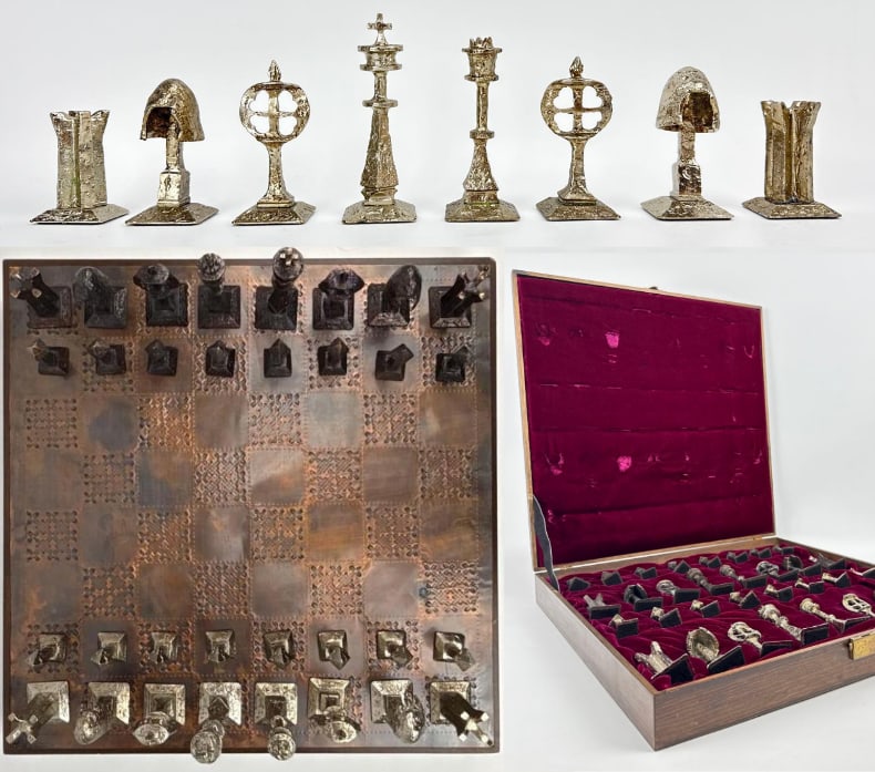 RICHARD SYNEK "CHARLES MARTEL" BRUTALIST CHESS SET VINTAGE: Hand-cast bronze and silvered metal "Charles Martel" chess set with original hammered copper board and velvet-lined wooden presentation case. Approximate Dimensions: 2.25”h x 16.5 x 16.5