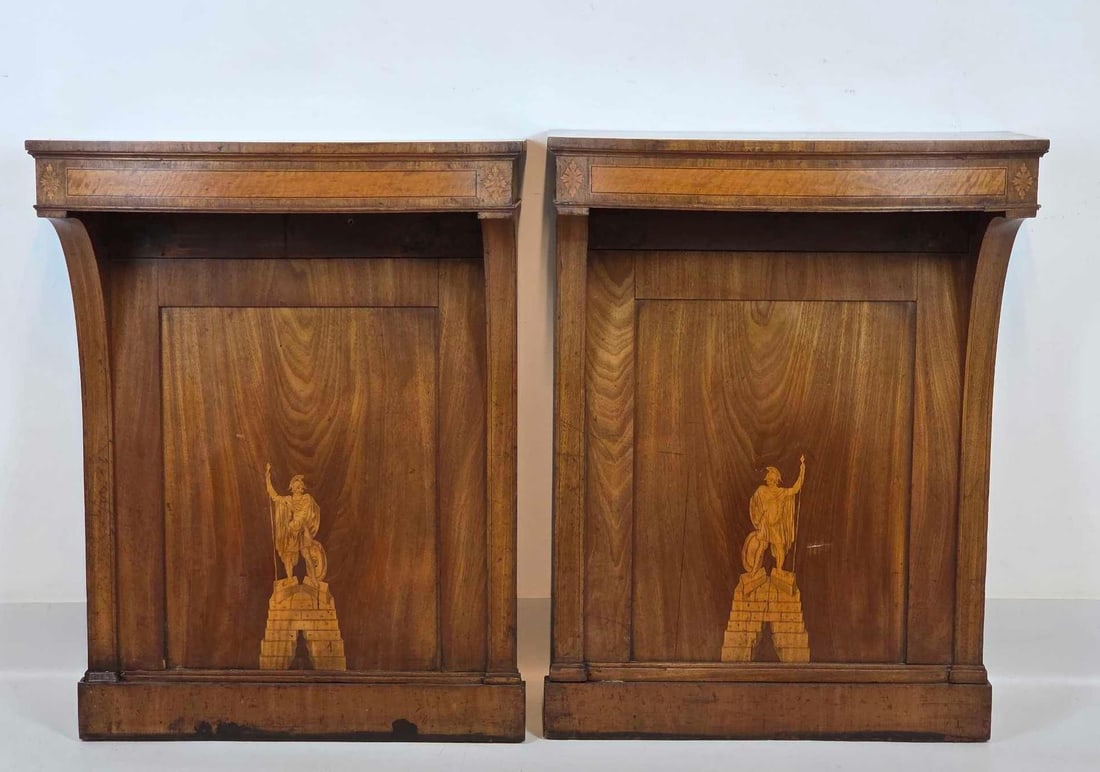 ITALIAN SCHOOL PAIR OF NEOCLASSICAL INLAID MAHOGANY AND SATINWOOD CONSOLE TABLES (1 of 16)