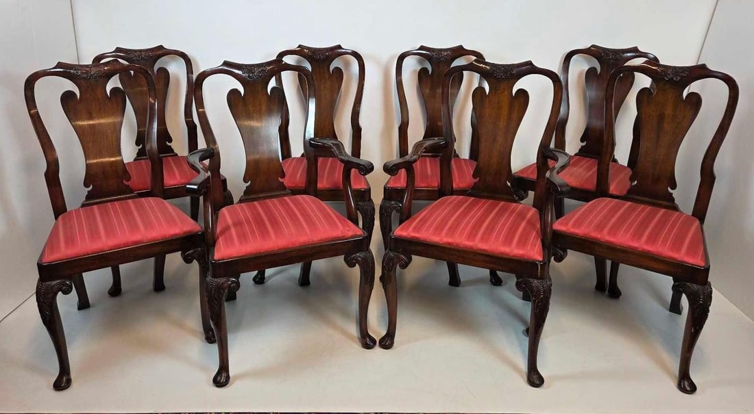 SET OF EIGHT CARVED MAHOGANY QUEEN ANNE DINING CHAIRS (2 ARM, 6 SIDE) (1 of 19)