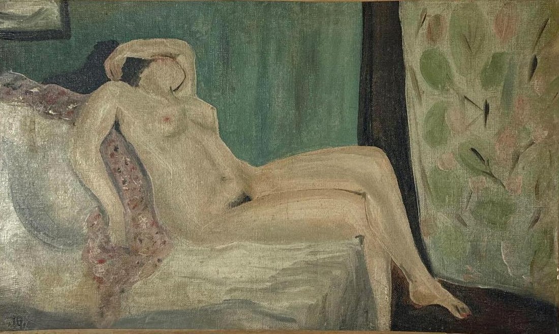 VINTAGE MID-CENTURY EXPRESSIONIST RECLINING NUDE OIL PAINTING MONOGRAMMED JH: Original oil on canvas depicting a reclining female figure in an interior setting with floral drapery and a teal background. Approximate Dimensions: 22” x 13” Artist or Maker: Unknown