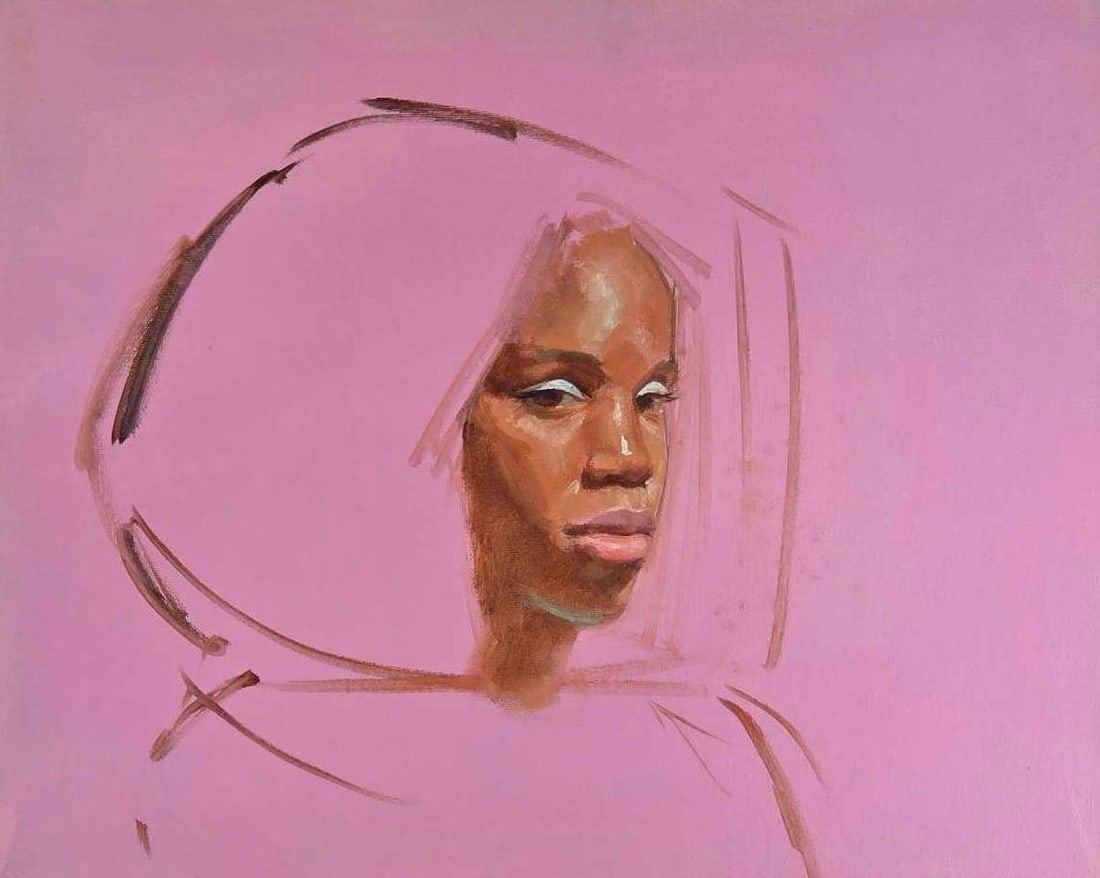 KRISTY GORDON "DECK THE HALLS" CONTEMPORARY PORTRAIT OIL ON CANVAS: Original oil painting on canvas featuring a stylized portrait of a woman against a vibrant pink background by artist Kristy Gordon. Approximate Dimensions: 16" X 20" Artist or Maker: Kristy Go