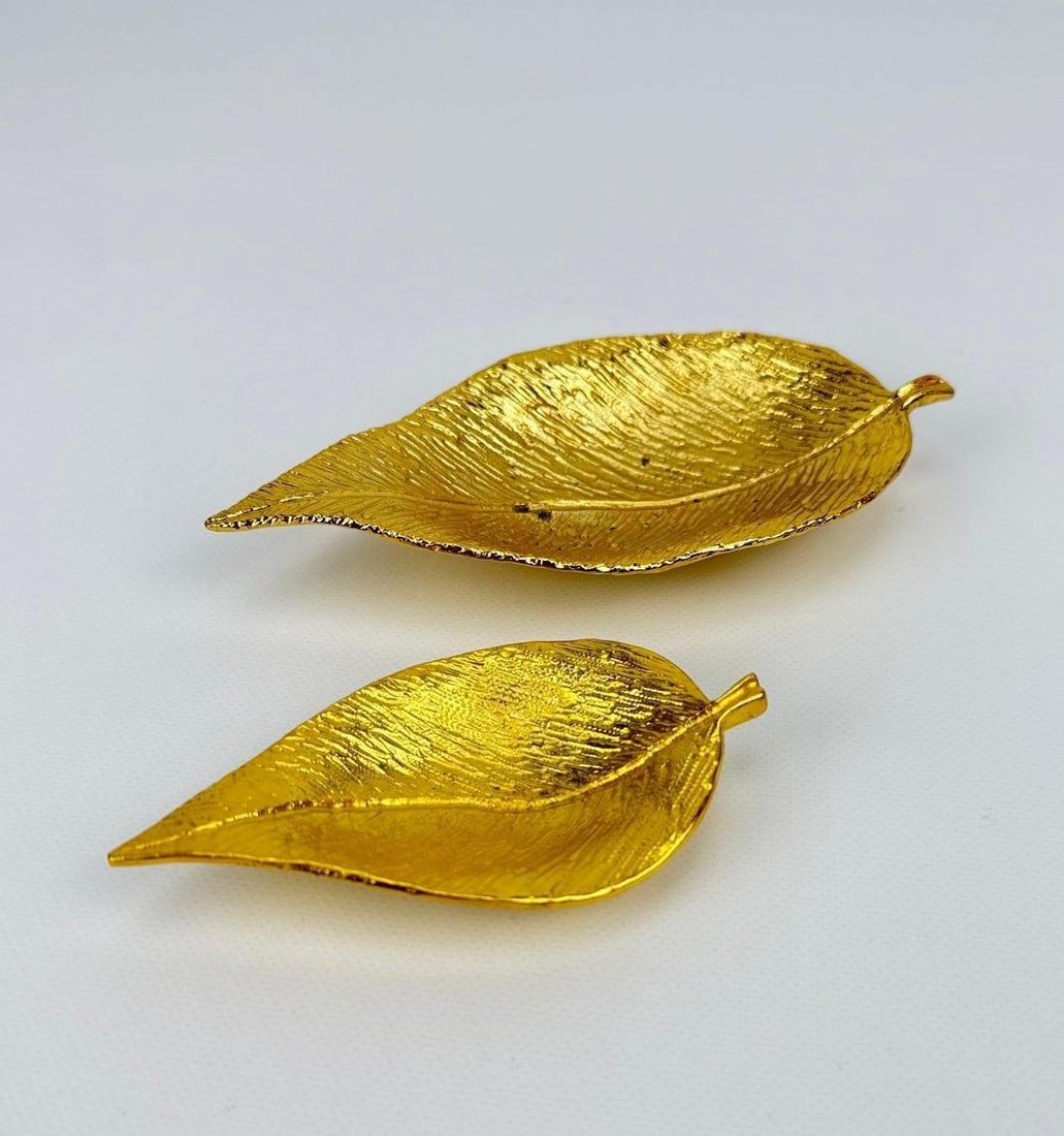 PAIR OF EDOUARD RAMBAUD PARIS GOLD GILT LEAF FORM VIDE POCHE DISHES (1 of 10)