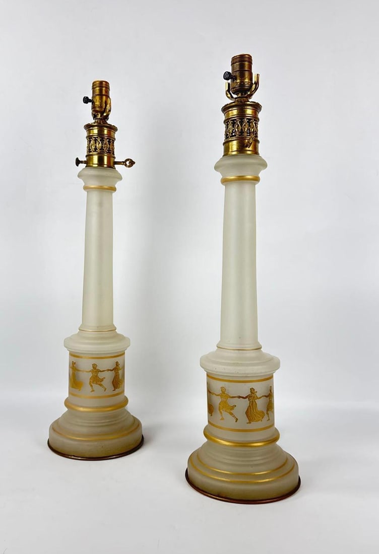 PAIR OF NEOCLASSICAL STYLE FROSTED GLASS AND GILT COLUMN LAMPS (1 of 6)