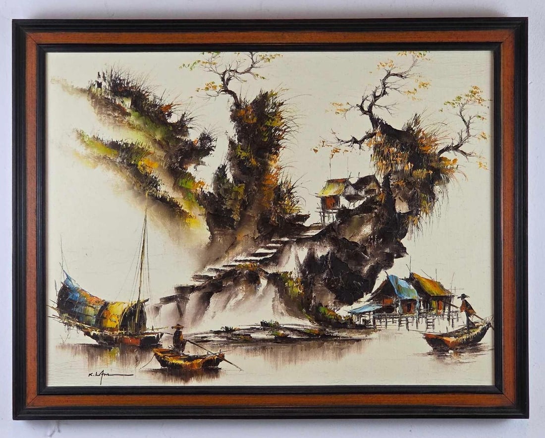MID-CENTURY MODERN K. LAM SIGNED ASIAN COASTAL VILLAGE LANDSCAPE OIL PAINTING: Mid-century modern oil on canvas depicting a stylized coastal village with figures in sampan boats near stilt houses and rocky cliffs. Approximate Dimensions: 18”x24”; Frame 21”x 17