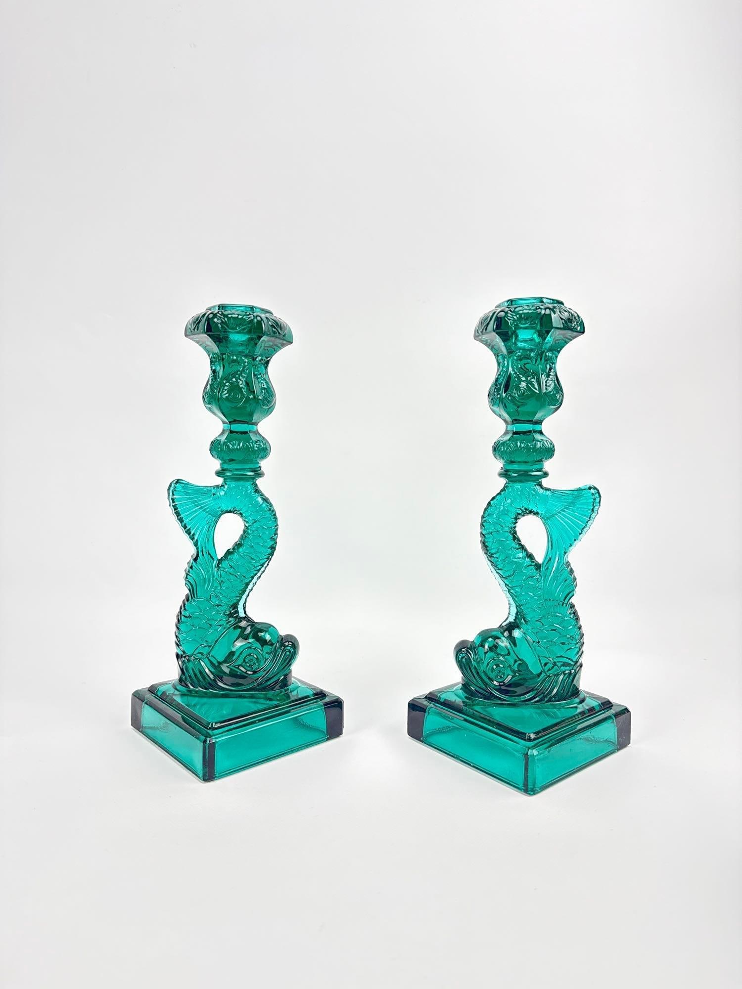 VINTAGE MMA METROPOLITAN MUSEUM OF ART AQUA GLASS DOLPHIN CANDLESTICKS PAIR (1 of 11)