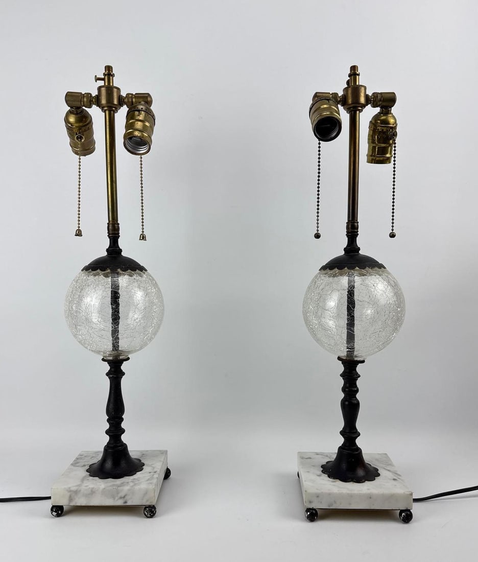VINTAGE PAIR OF MARBLE AND CRACKLE GLASS GLOBE TABLE LAMPS (1 of 6)