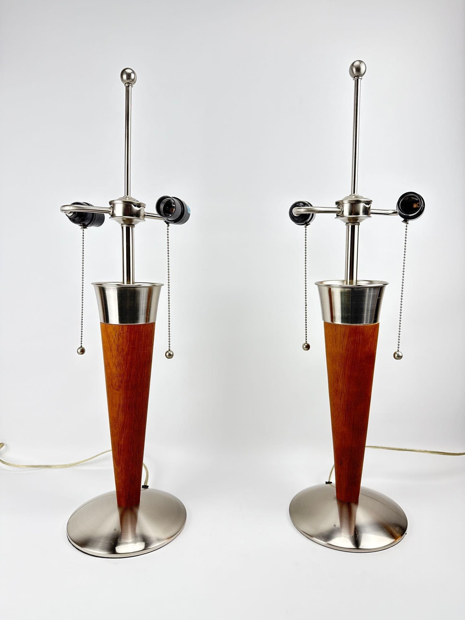 MID CENTURY MODERN STYLE PAIR OF WOOD AND BRUSHED CHROME CONICAL TABLE LAMPS (1 of 5)