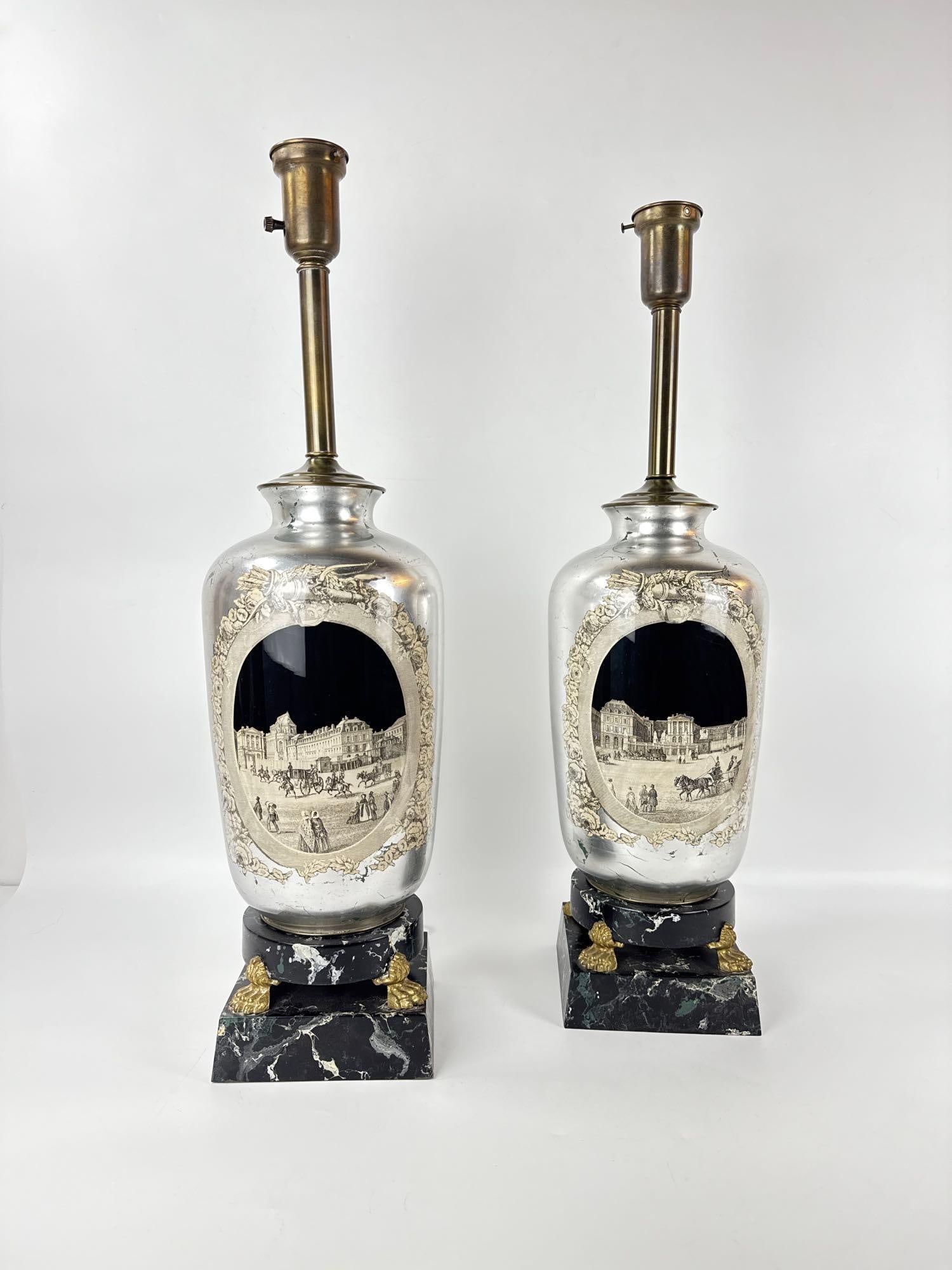 PAIR OF LARGE NEOCLASSICAL SILVERED GLASS & MARBLE TABLE LAMPS (1 of 7)