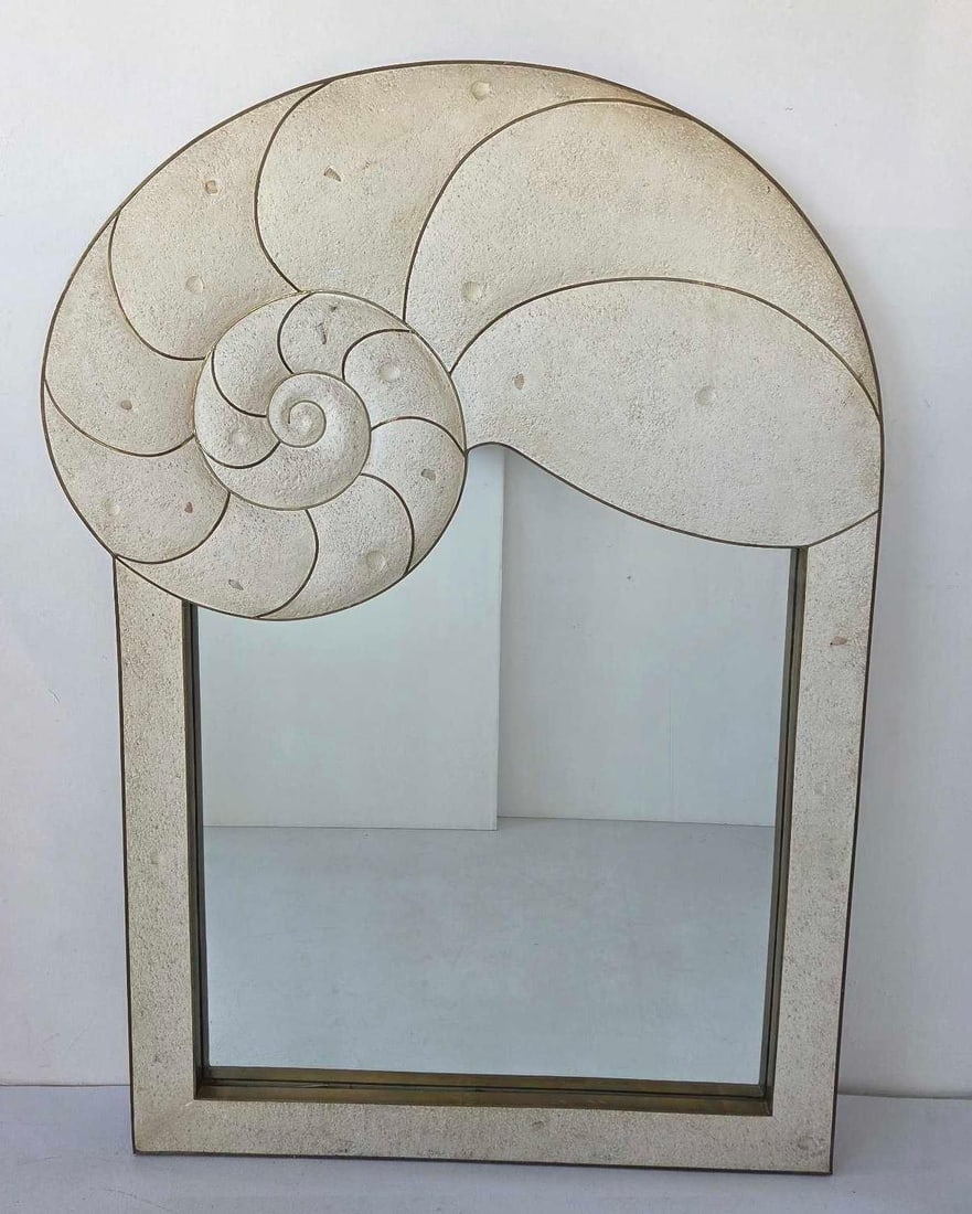 MAITLAND-SMITH STYLE POSTMODERN CAST STONE AND BRONZE NAUTILUS MIRROR (1 of 14)