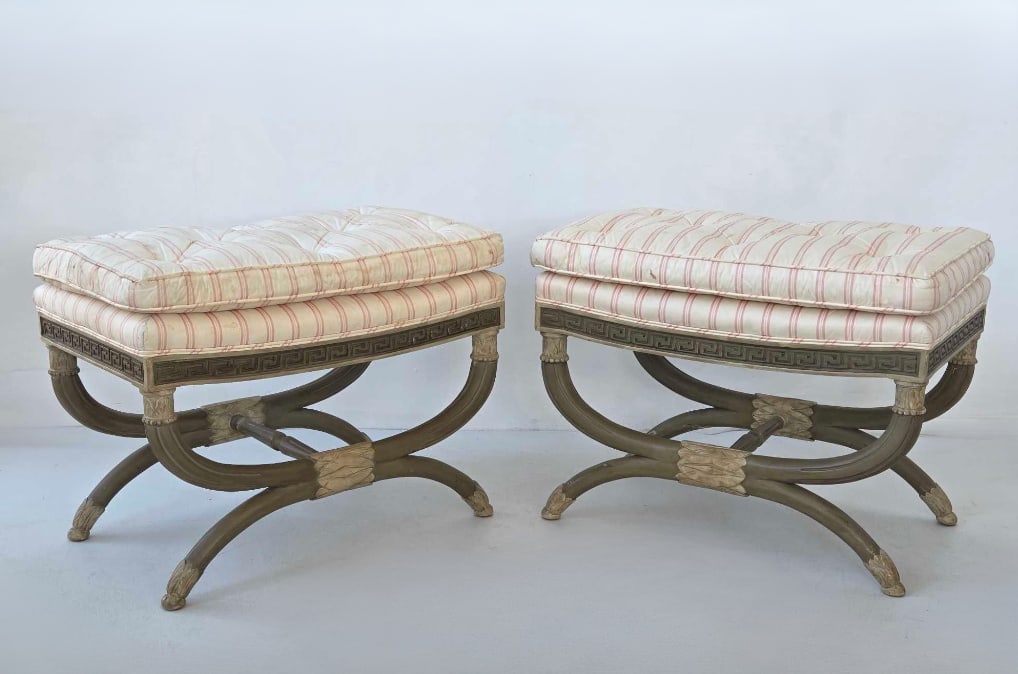 FINE PAIR OF CARVED PAINT DECORATED CERULE BENCHES WITH GREEK KEY DETAIL: Pair of "X-frame" or Cerule-form stools. Approximate Dimensions: 20"h x 27"w x 16.5"d Artist or Maker: Unknown Provenance: From a New York Collector<