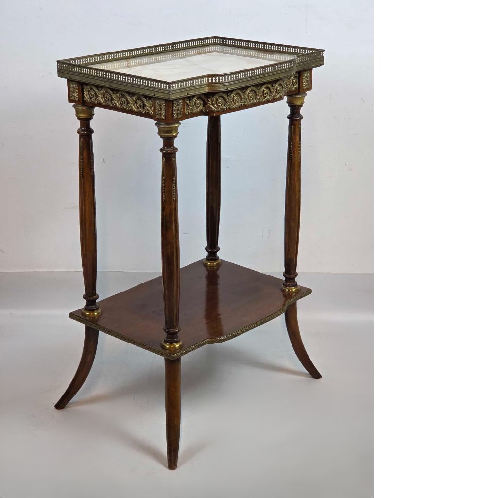 LOUIS XVI STYLE BRONZE MOUNTED WALNUT MARBLE TOP GALLERIED SIDE TABLE (1 of 13)
