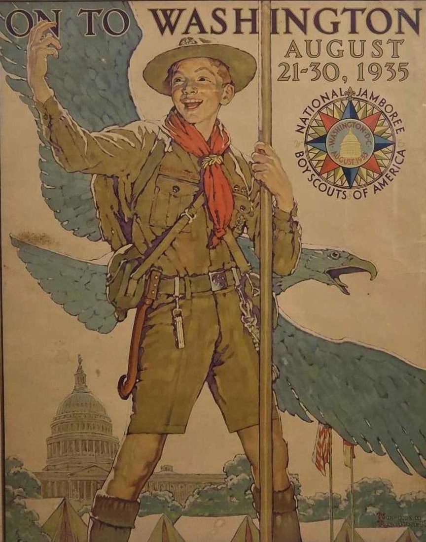 1935 BOY SCOUTS OF AMERICA NATIONAL JAMBOREE POSTER: Original color lithograph recruitment poster for the first National Jamboree in Washington D.C. housed in a silvered frame. Approximate Dimensions: 25" x 19" ;FRAME 31" x 25" Artist