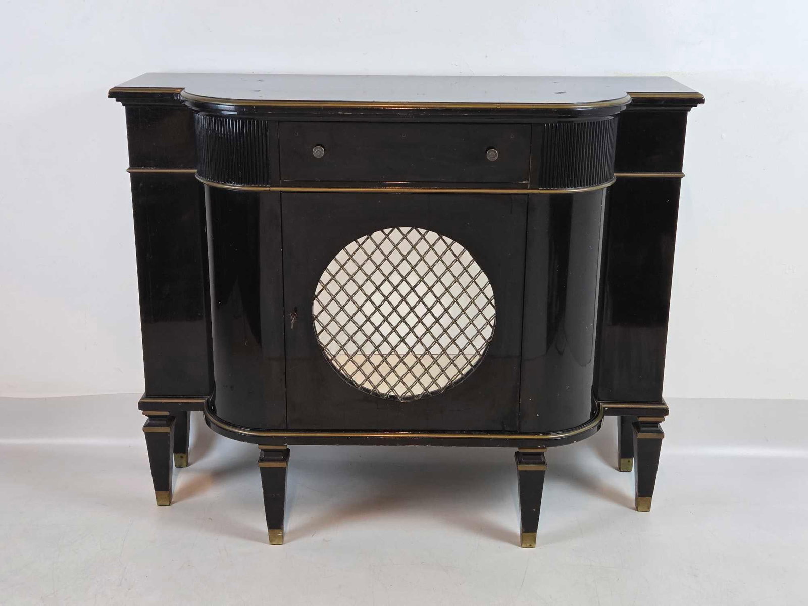 FRENCH ART DECO BLACK LACQUER CONSOLE WITH MESH OVER MIRROR INSET (1 of 19)