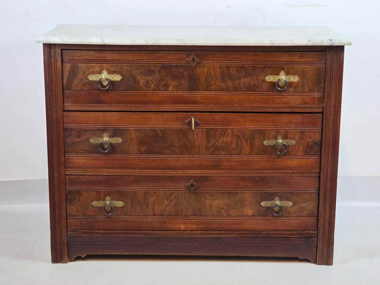 LATE 19TH CENTURY EASTLAKE VICTORIAN MARBLE TOP THREE DRAWER CHEST (HERTER BROTHERS?) (1 of 15)