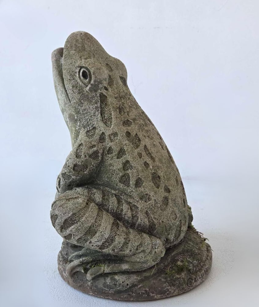 VINTAGE MASSARELLI’S CAST STONE FROG FIGURAL GARDEN FOUNTAIN: Weathered cast concrete garden sculpture modeled as a seated bullfrog with open mouth for water spout functionality on a naturalistic circular base. Approximate Dimensions: 14.5"h x 11"w x 9&#