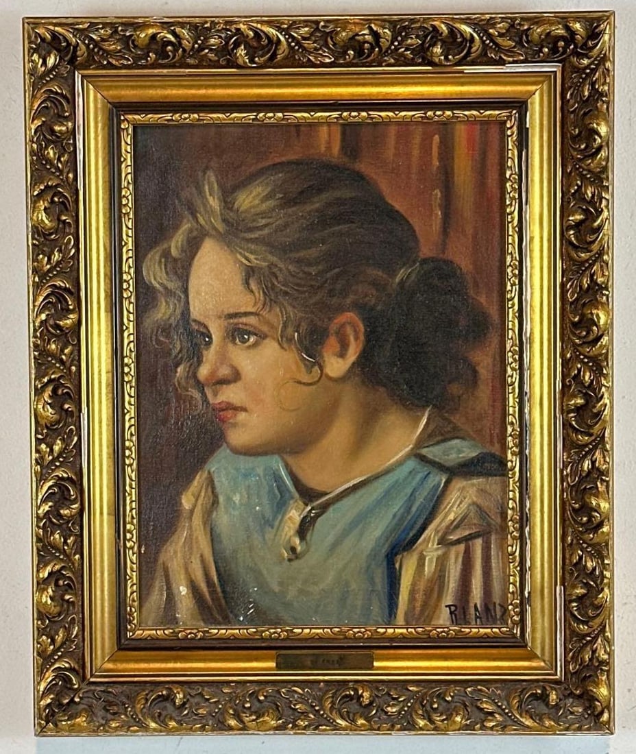 ANTIQUE PORTRAIT OF A YOUNG WOMAN IN BLUE OIL ON CANVAS SIGNED BY R. LANZ: Signed mid-century oil on canvas portrait depicting a young woman in profile wearing a blue garment housed in an ornate giltwood frame. Dimensions: 16" x 12"; Frame 21" x 17" Artist or