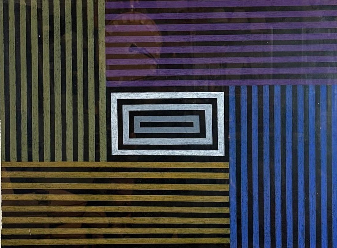 MICHAEL ZISSER GEOMETRIC STRIPE ABSTRACT EXPRESSIONIST PAINTING: Original geometric abstract work on paper or canvas with interlocking horizontal and vertical color blocks in muted green, purple, blue, and gold tones Approximate Dimensions: 30" x 22" (Frame