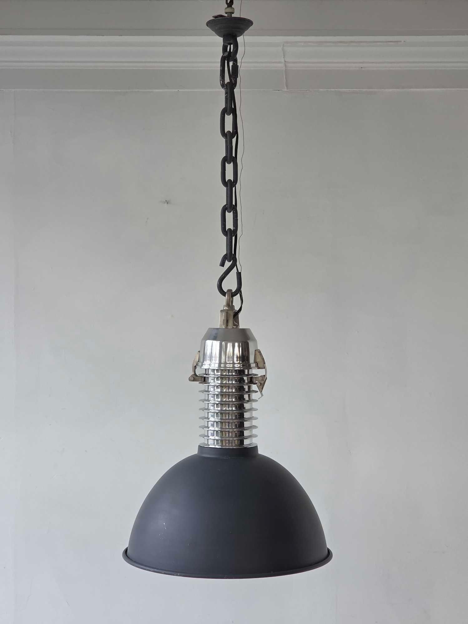 INDUSTRIAL POLISHED NICKEL AND MATTE GRAY PENDANT LIGHT BY RESTORATION HARDWARE: **Vintage-style industrial ceiling pendant with a tiered polished nickel neck and a matte charcoal gray domed metal shade suspended by a heavy-gauge black chain. Approximate Dimensions:26"h x 20.7
