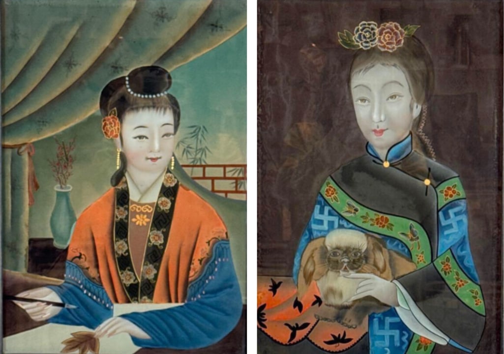 PAIR OF ANTIQUE CHINESE REVERSE PAINTING PORTRAITS OF LADIES ON GLASS: *Two portraits of elegant court beauties holding a Pekingese dog and a calligraphy brush. Approximate Dimensions: 19” x 13.25”; Frame 21.5” X 15.5” Artist or Maker: Unknown Pro