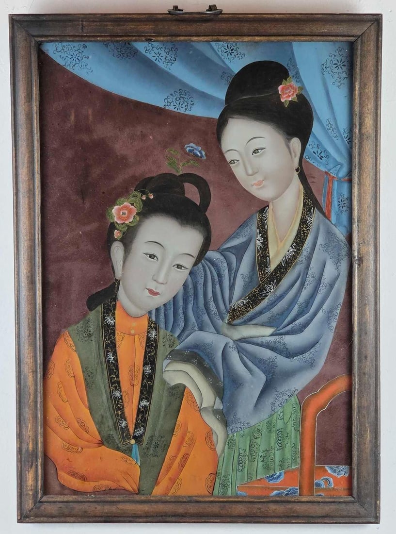 CHINESE REVERSE PAINTING ON GLASS OF COURT LADIES (1 of 8)