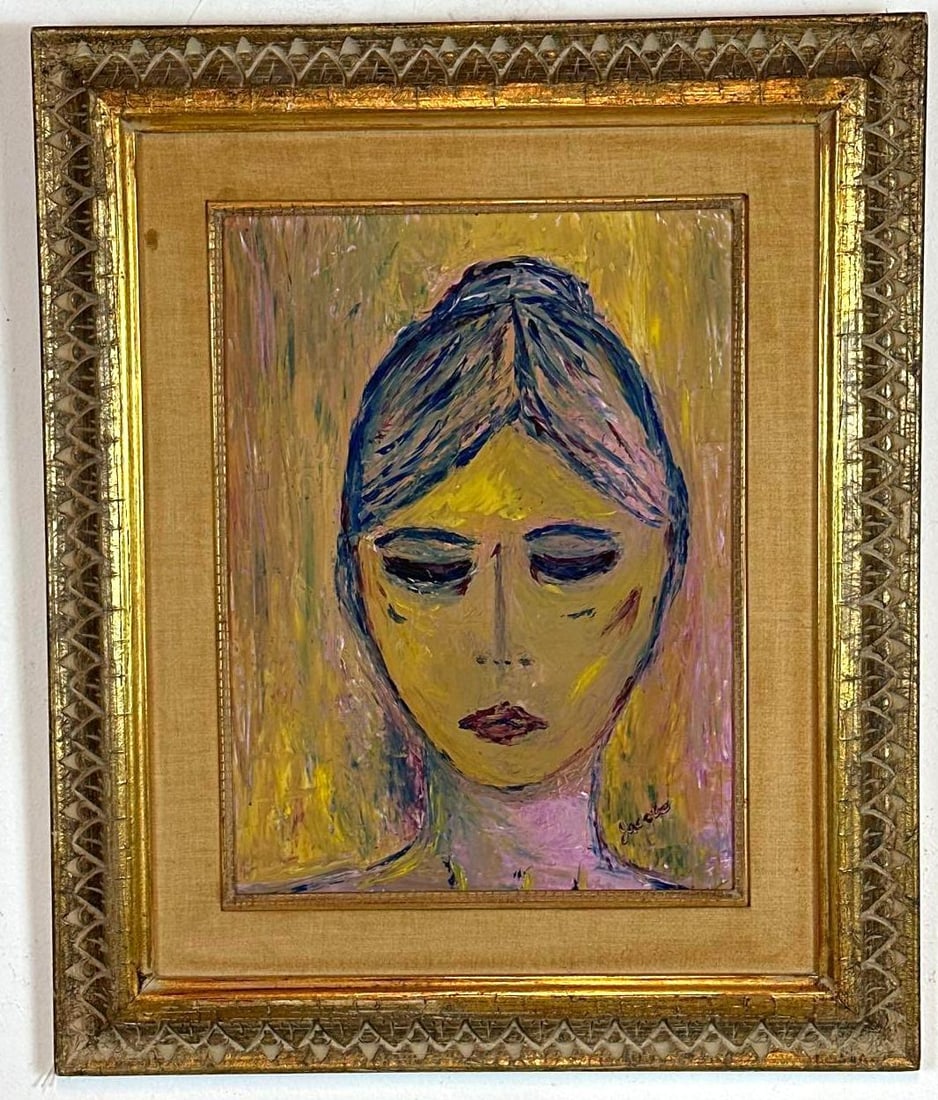 JACOBS PORTRAIT OIL PAINTING: Mid-century modern expressionist oil painting on board depicting a woman with downcast eyes in a vibrant yellow and pink palette, signed "Jacobs" lower right, housed in a tiered giltwood frame